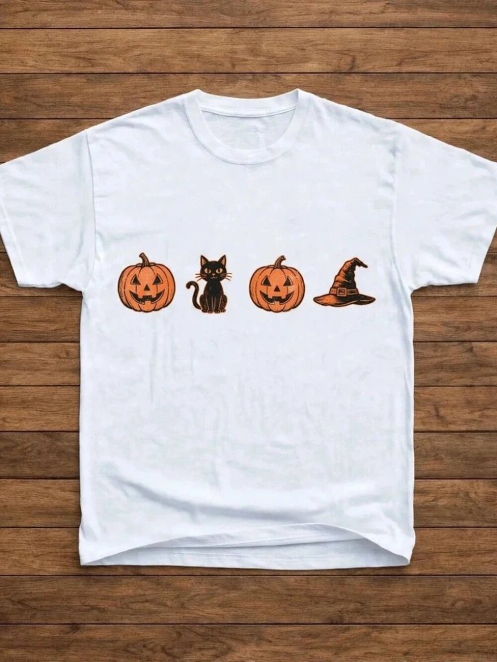 Halloween Pumpkin Black Cat White T-Shirt